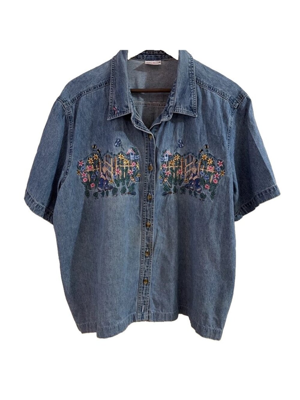 VTG Bobbie Brooks Denim Shirt Size 22W Floral Embroidered Birdhouses Cottagecore